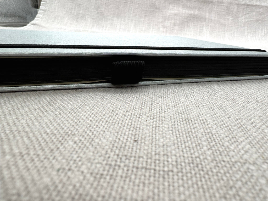 Notizbuch von der Seite: die Papierseiten haben schwarze Ränder. 