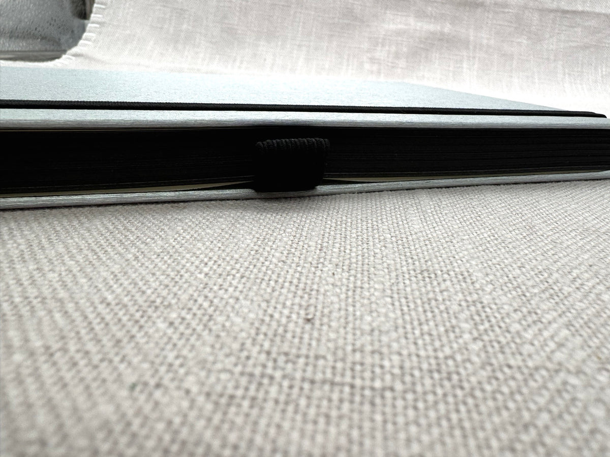 Notizbuch von der Seite: die Papierseiten haben schwarze Ränder. 