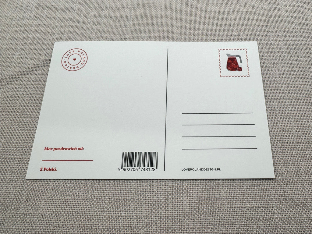 Die Rückseite der Postkarte mit Linien für die Addresse und kleinen süßen Details wie dem I love Poland Stempel