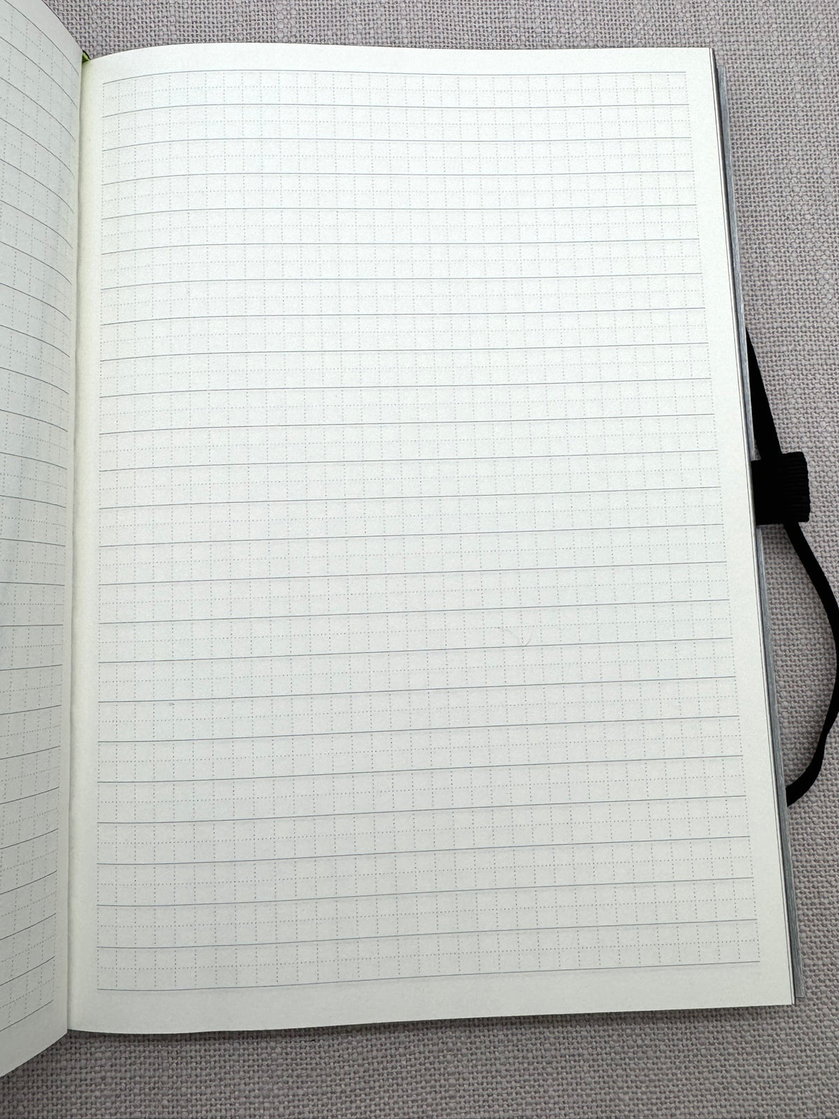 Man sieht die leere Seite im Notizbuch: es hat ein spezielles karriertes Muster auf den Seiten. Man sieht auch rechts die Schlaufe für einen Stift. 