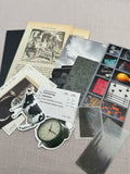 Gemischte Papierstücke für Scrapbooking: Buchseiten, Tapetenstücke, Karten, Zeitschriftenausschnitte, Sticker, Designpapier, Ettiketten. Alles farblich abgestimmt.