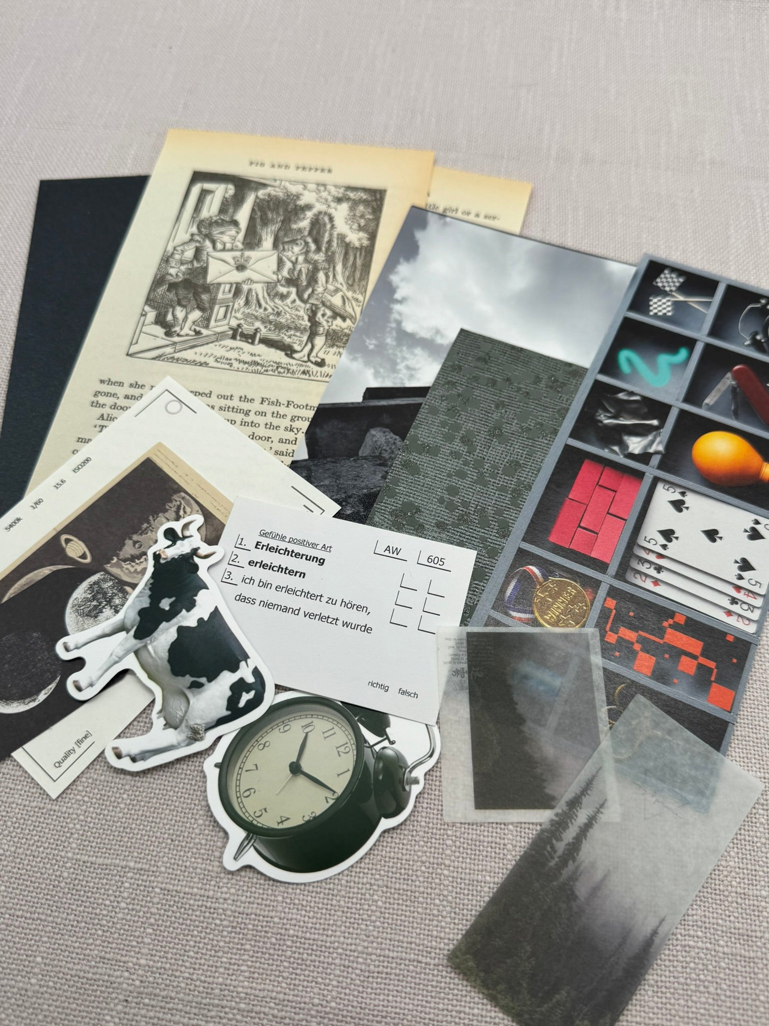 Gemischte Papierstücke für Scrapbooking: Buchseiten, Tapetenstücke, Karten, Zeitschriftenausschnitte, Sticker, Designpapier, Ettiketten. Alles farblich abgestimmt.