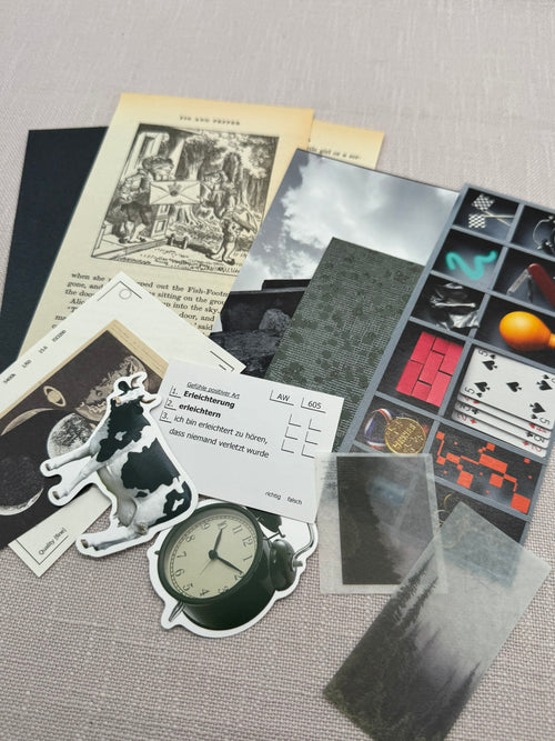 Gemischte Papierstücke für Scrapbooking: Buchseiten, Tapetenstücke, Karten, Zeitschriftenausschnitte, Sticker, Designpapier, Ettiketten. Alles farblich abgestimmt.