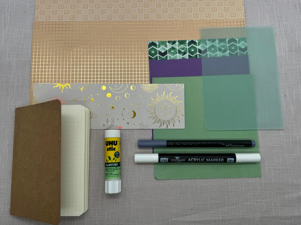 Das Scrapbooking-Set fotografiert von oben auf hellem Hintergrund. Man sieht verschiedene Papierbögen, Stifte, Kleber und Notizbuch