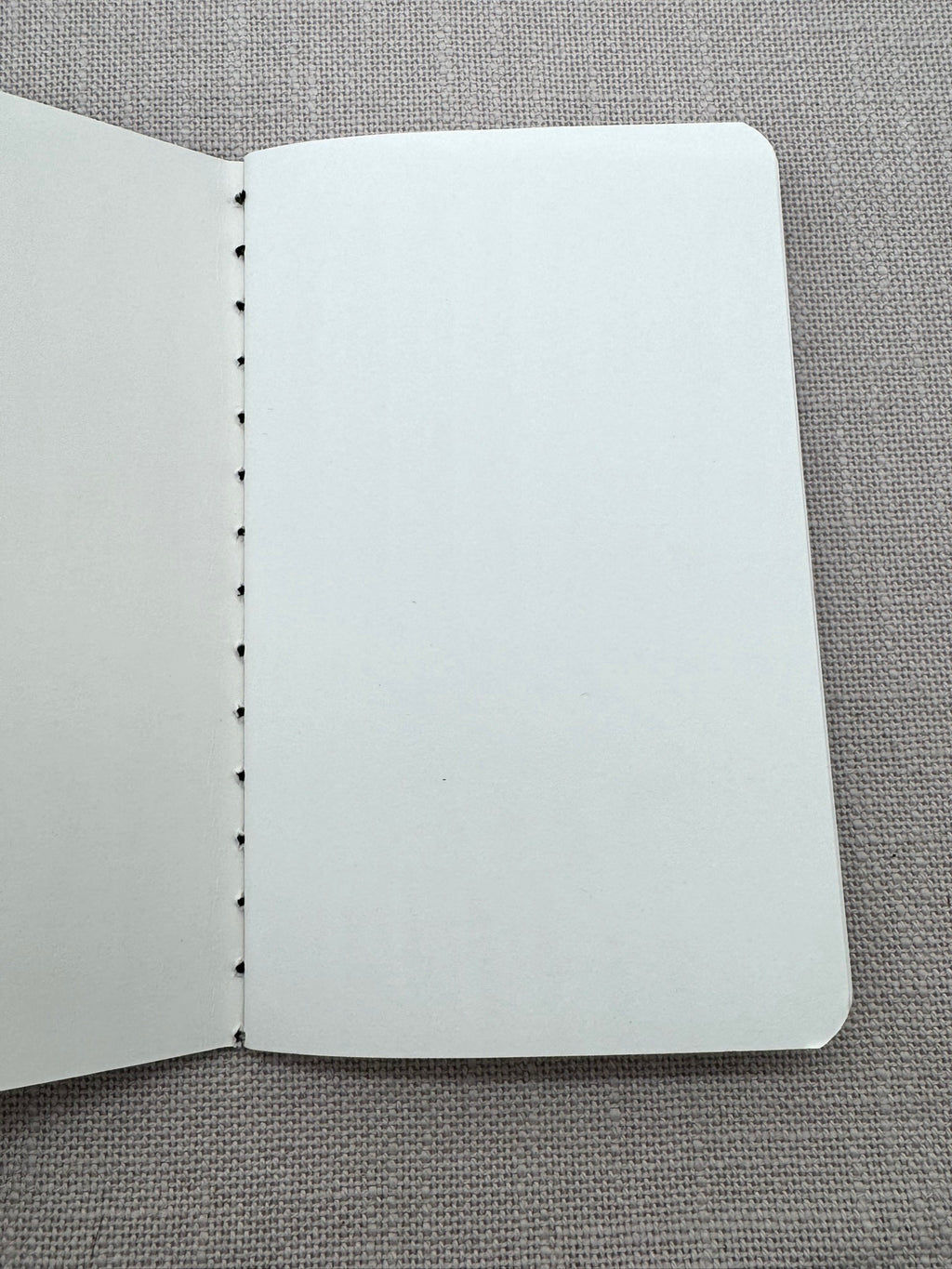 Das Notizbuch liegt aufeschlagen auf einem hellen Hintergrund. Die Seiten sind blanko, das Notizbuch ist mit einem schwarzen Faden vernäht. 