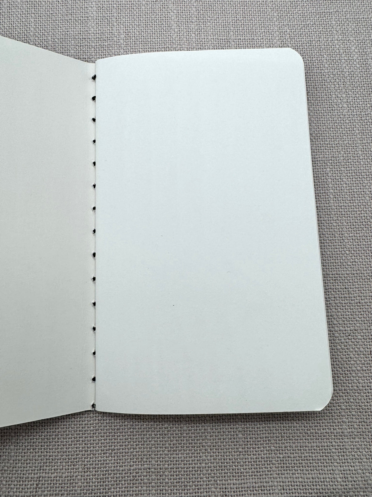 Das Notizbuch liegt aufeschlagen auf einem hellen Hintergrund. Die Seiten sind blanko, das Notizbuch ist mit einem schwarzen Faden vernäht. 
