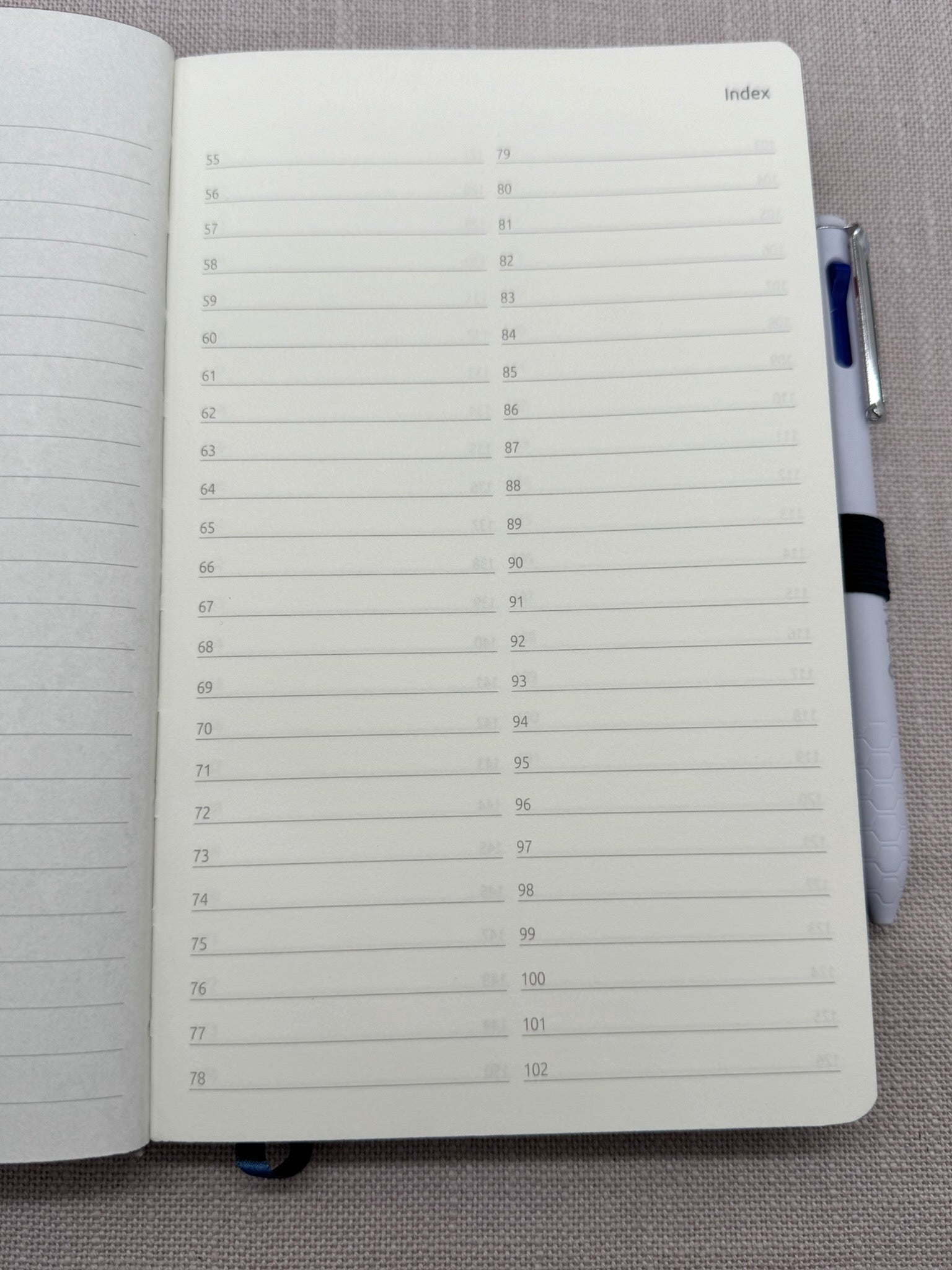 Das Notizbuch liegt aufgeschlagen auf einem hellen Hintergrund. Es at nummerierte Seite und vorne ein Inhaltsverzeichnis. In der Stiftschlaufe befindet sich der Kugelschreiber von Pentel. 